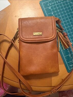 Tan Leather Crossbody Phone Bag with Tassel